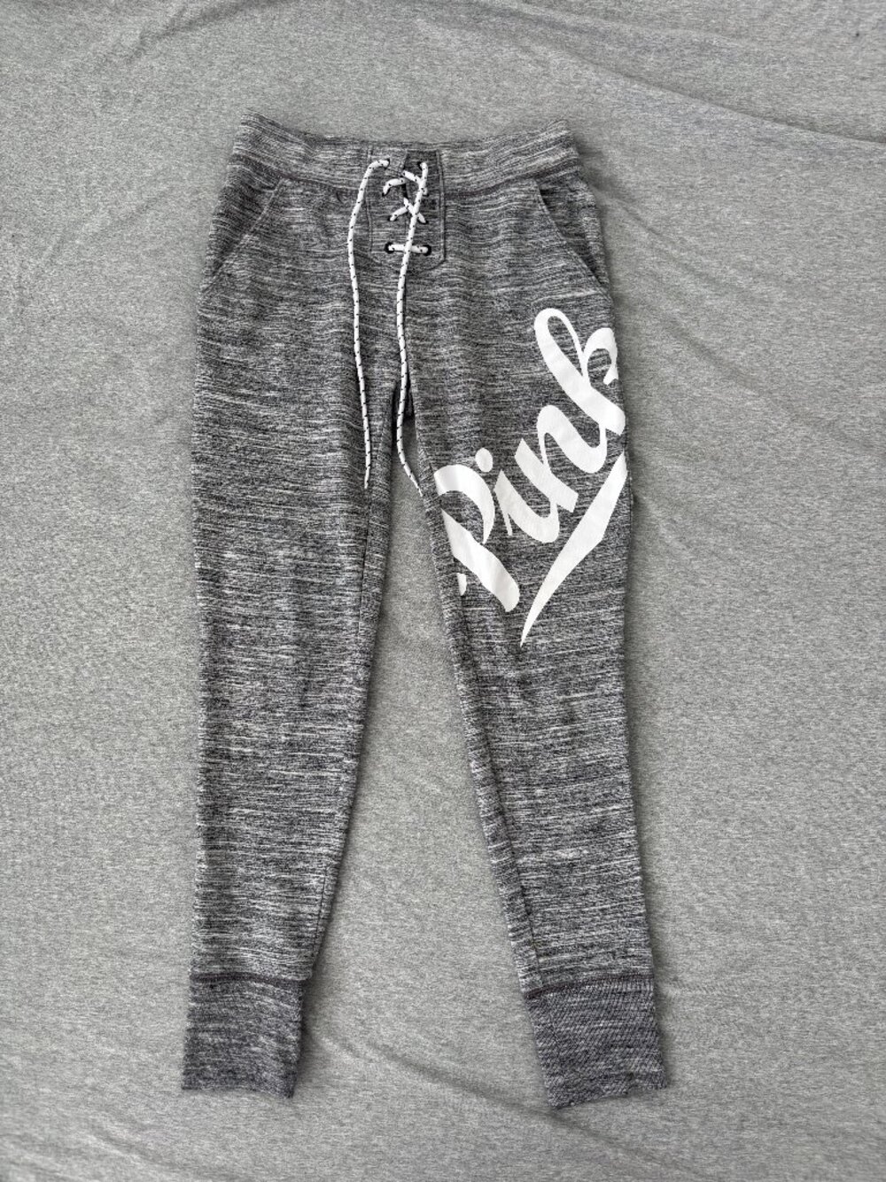PINK Victoria's Secret Lace Up Sweatpants Womens XS Gray Marled Joggers Big Logo